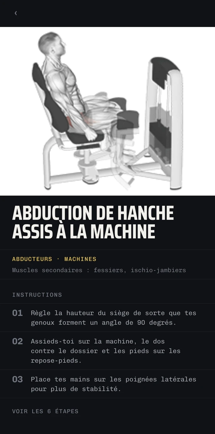 La fiche d'un exercice : son animation, son muscle principal et ses muscles secondaires, et ses instructions numérotées.