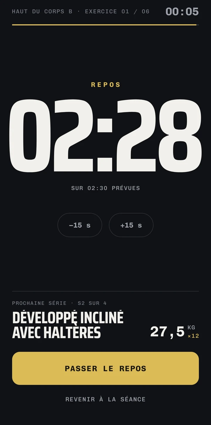 L'écran de repos : 2 minutes 28 restantes sur 2 minutes 30 prévues, des boutons pour retirer ou ajouter 15 secondes, et la prochaine série annoncée en bas.